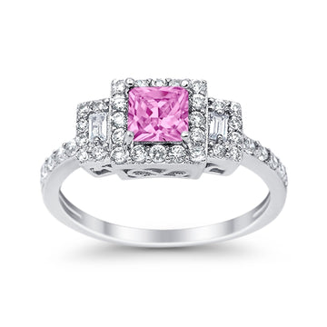 Halo Wedding Ring Baguette Simulated Pink CZ 925 Sterling Silver